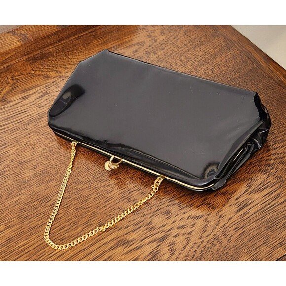 Vintage Bobbie Jerome Evening Purse Black Patent Leather Gold Chain Strap Clutch - Picture 1 of 7